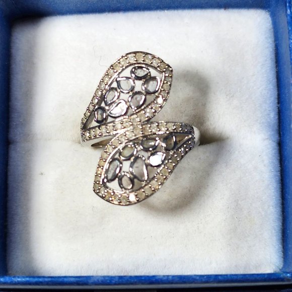 Polki and White Diamond bypass ring in Platinum over 925 Sterling 1.50ct